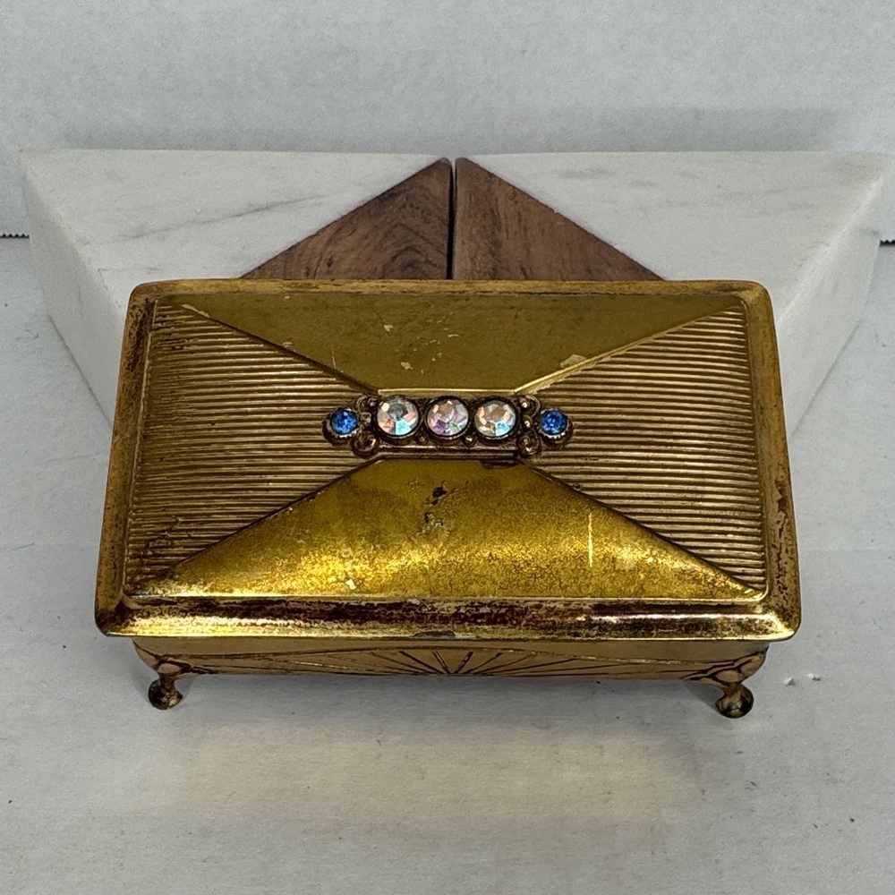Estate Brass Jewelry Velvet Lined Casket with Gem Accents